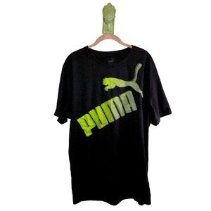 Puma Graphic Tee Retro Lime Green Neon Shadow Stripe Shirt Dark Grey Black